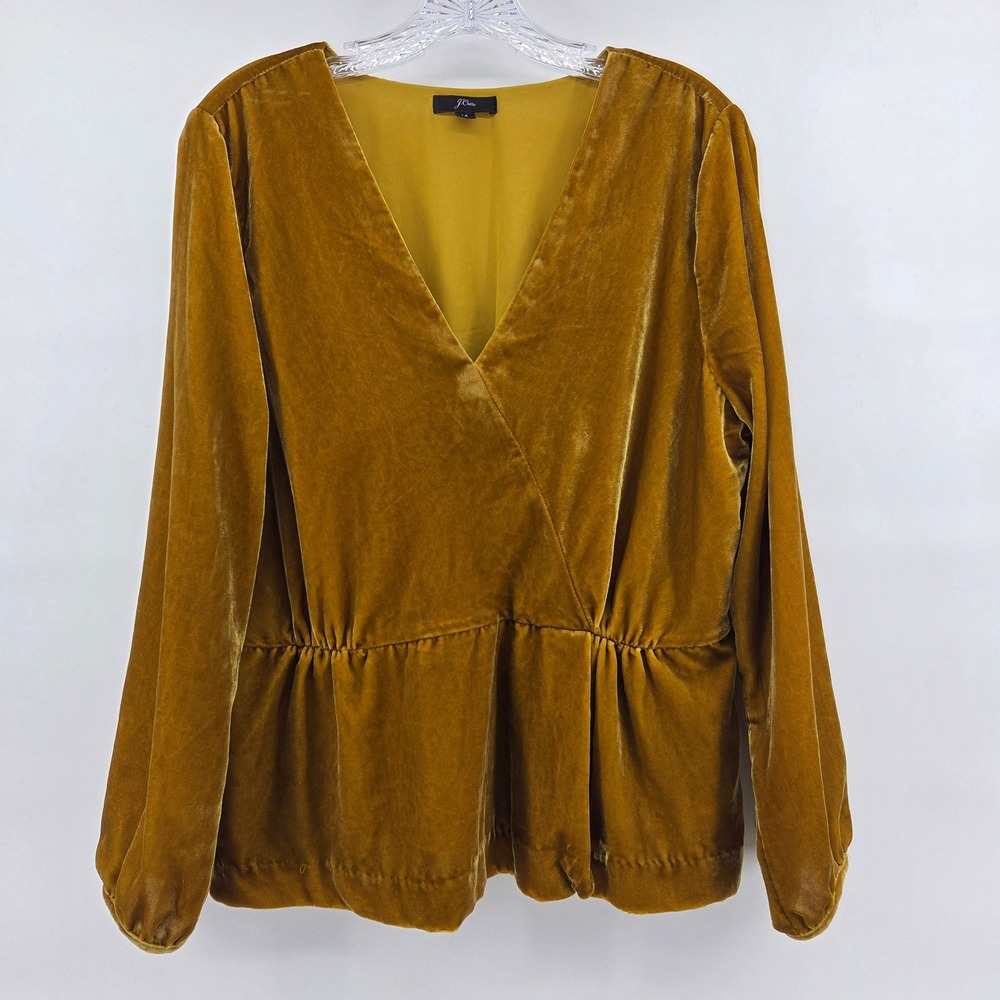 J. Crew Velvet Peplum Top 14 Gold V-Neck Long Sleeve Luxe Boho Eclectic